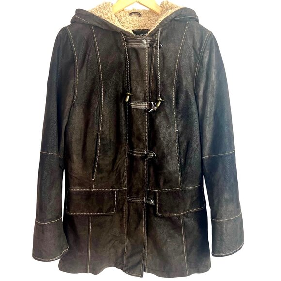 Bernardo Brown Nubuck Suede Chore Barn Coat Shearling Hooded Jacket PS Outdoor - Picture 2 of 14